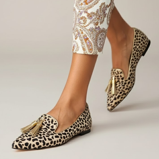 Elisanne | Gold Tassel Leopard Flats
