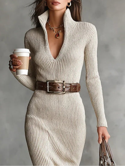 Rivana | Ribbed V-Neck Midi Dress