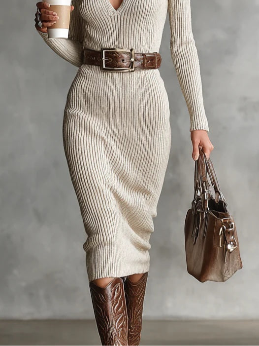 Rivana | Ribbed V-Neck Midi Dress