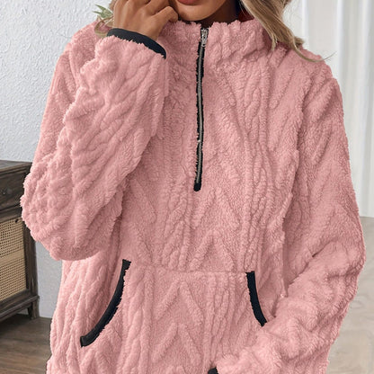 Harper | Pink Fuzzy Half-Zip Sweatshirt with Pockets